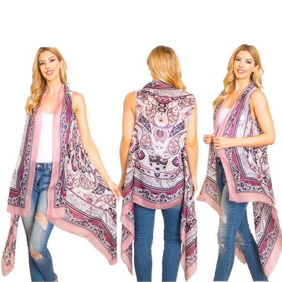 Pink Linen Boho Paisley Bandana Print Longline Western Vest 10 12 14 Womens Top - Picture 2 of 9